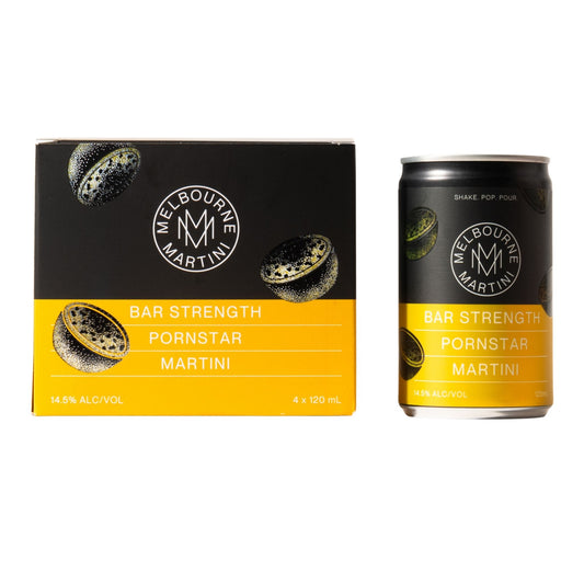Melbourne Martini Pornstar Martini 4 pack packaging and can on a white background Cocktail Delivery