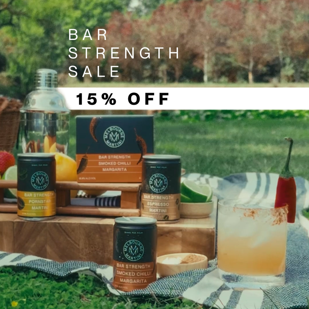 Outdoor setting with bar strength cocktils and sale text overlay
